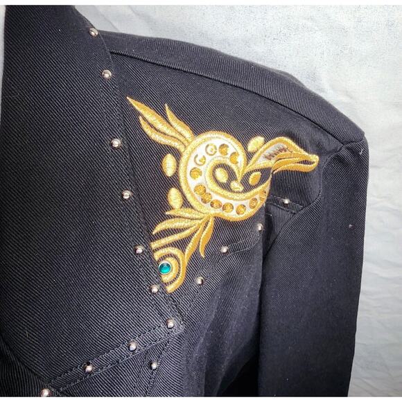 Vintage JenJen Darian 1980s Denim Blazer Jacket Gold Jewels Embroidery Studs 2X - Picture 9 of 15